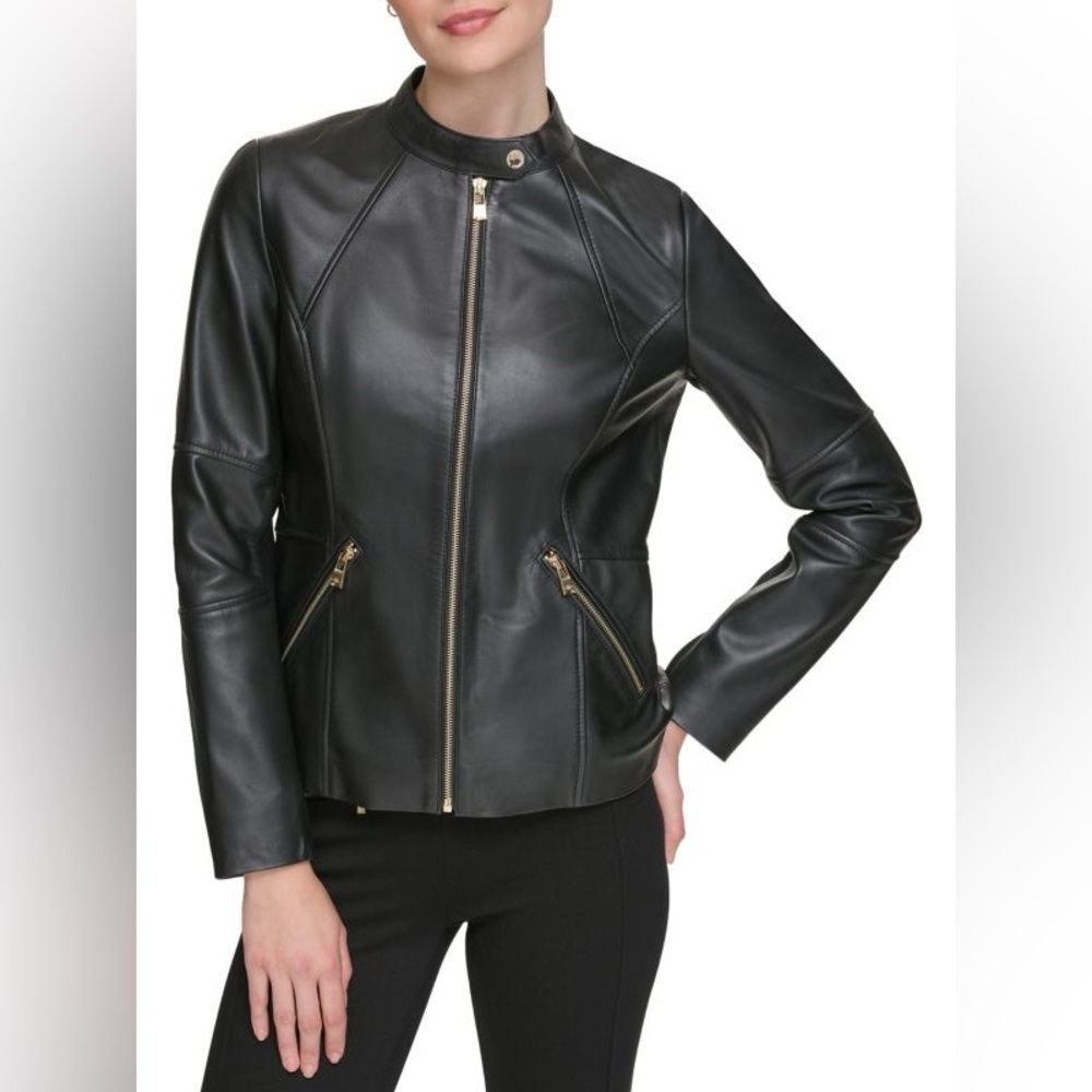 KARL LAGERFELD PARIS Mandarin Leather Motorcycle Jacket